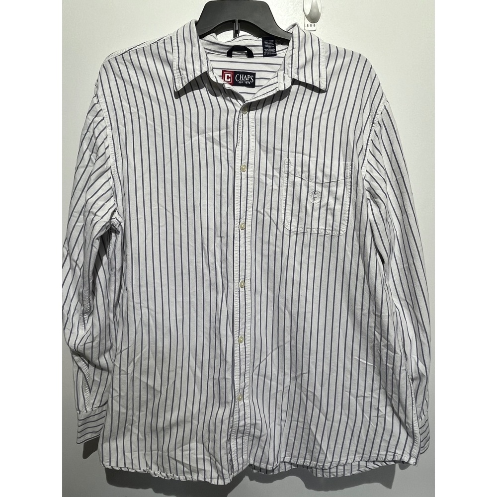 Chaps Mens Long Sleeve Button Down Shirt Navy White Striped Cotton XL